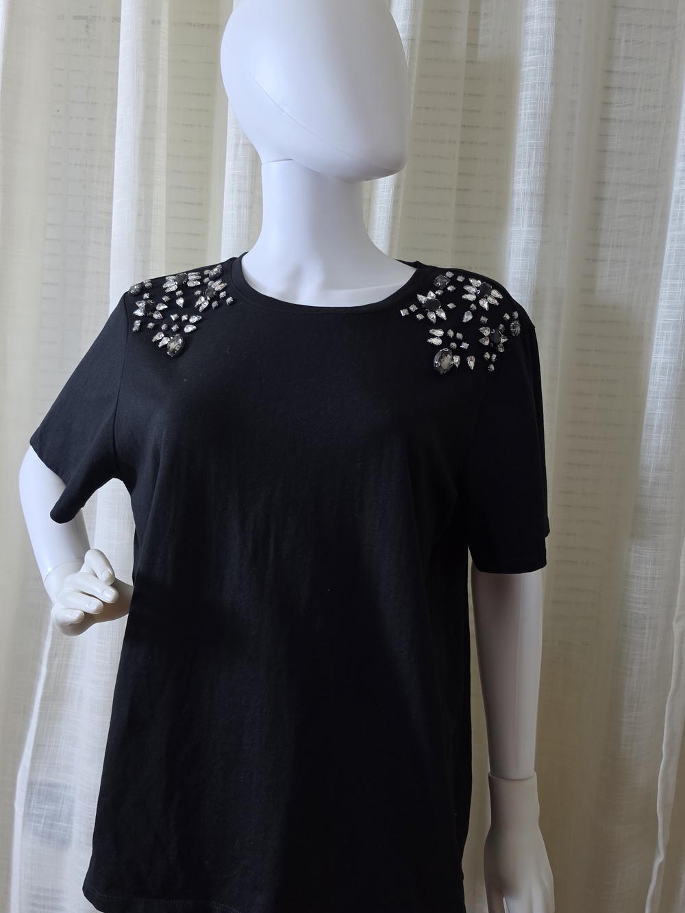 Express Black Short Sleeve Tee with Crystal Shoulder Embellishments